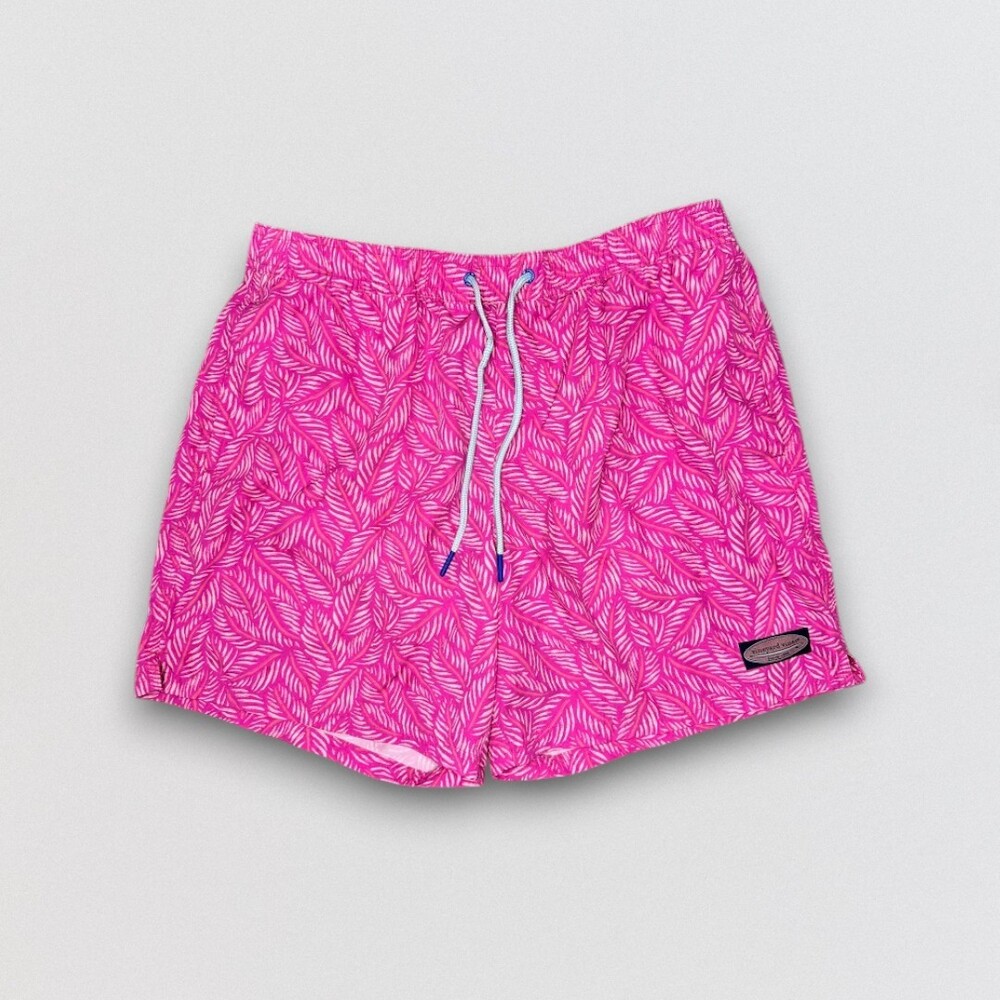 Pink Leaf Print Swim Trunks Board Shorts Mesh Lined Drawstring Men’s Large